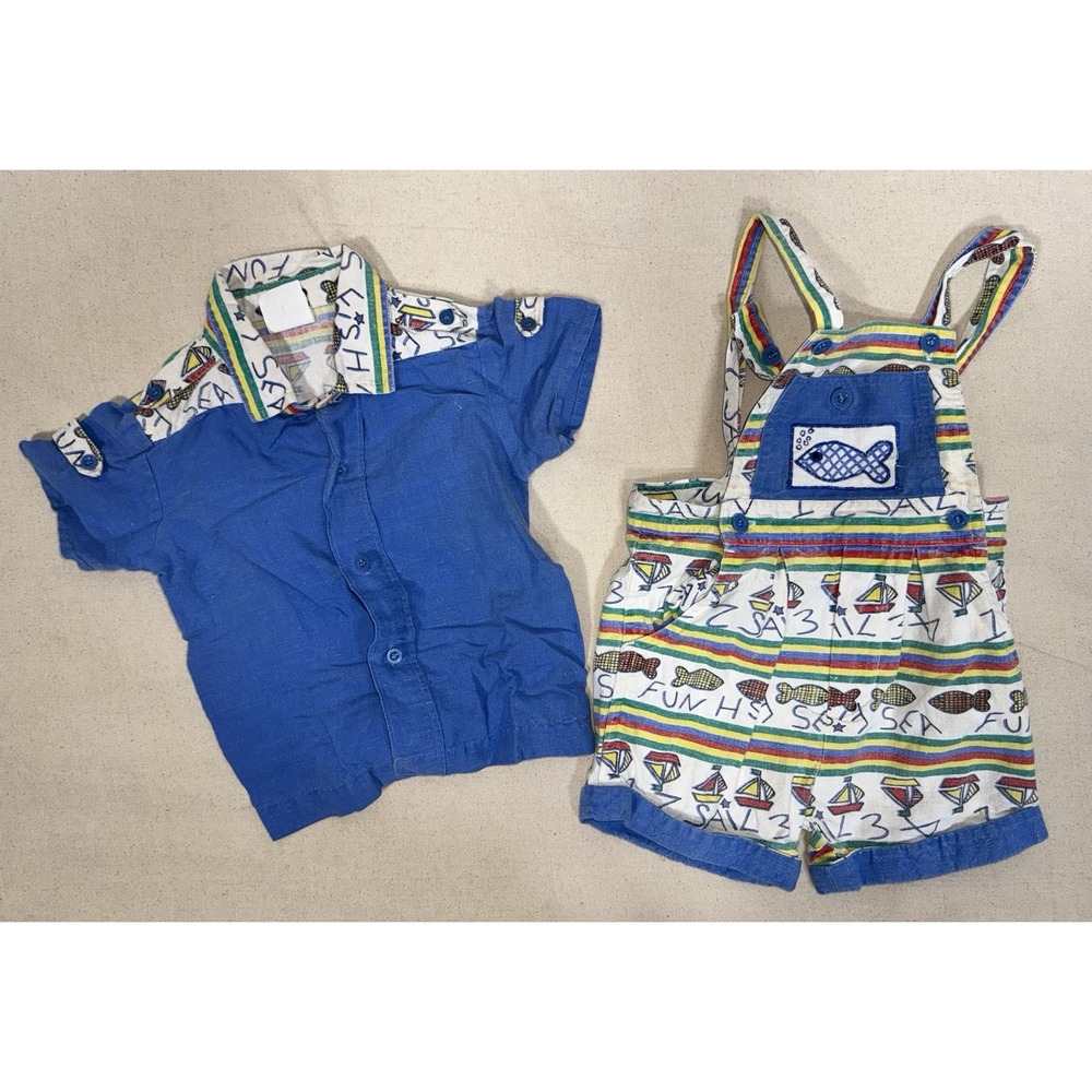 Vtg Y2K Happy Kids Overalls Shortalls Outfit w/ Shirt Fish Boats USA Toddler 2T